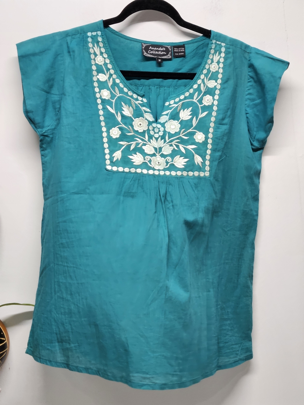 Ananda's Collection Teal Embroidered Boho Top Size M Work Tunic Coastal Cottage